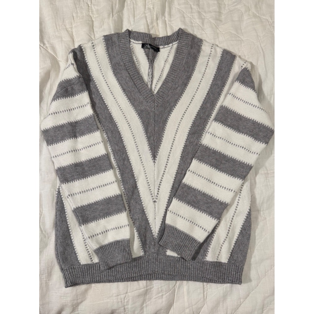 Prettygarden Grey White Striped V-Neck Chevron Knit Sweater Small